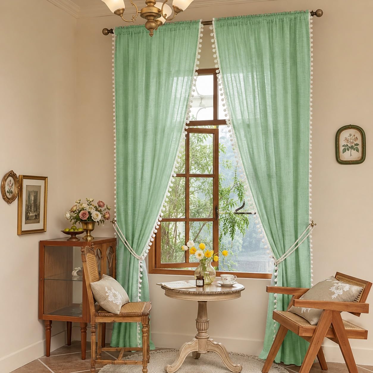 THE LINEN COMPANY Cotton Curtains Net Curtains with Pom Pom Lace Rod Pocket Sheer Curtains Light Filtering Window Curtains Living Room Curtains Ocean Green 10 Ft Pack of 2
