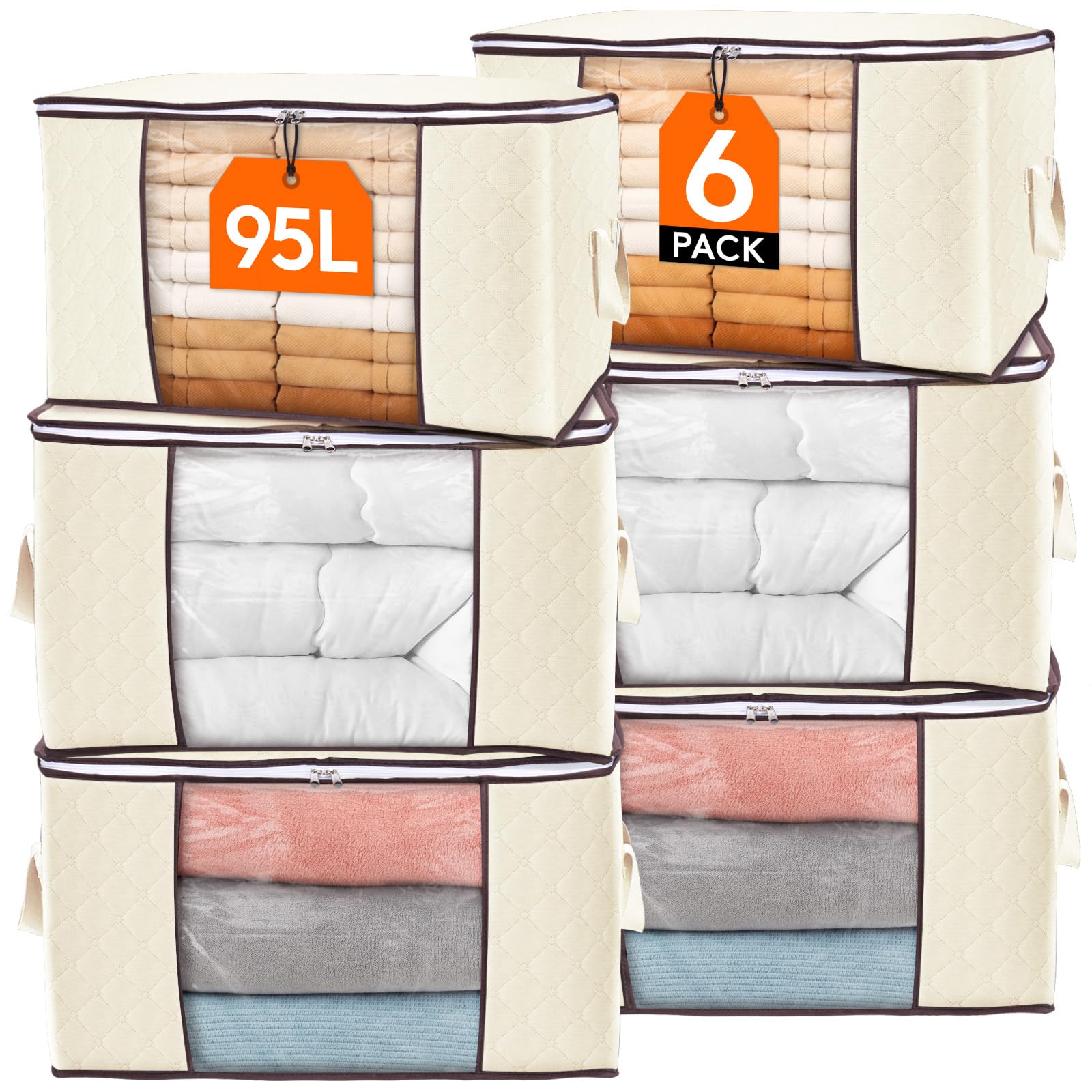 Lifewit Large Capacity Clothes Storage Bag Organizer with Reinforced Handle Thick Fabric for Comforters, Blankets, Bedding, Foldable with Sturdy Zipper, Clear Window, 6 Pack, 95L, Beige