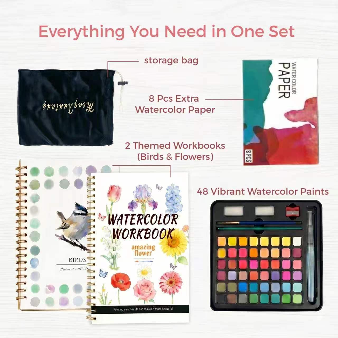 Watercolor Workbook Paint Set, Bird and Floral Painting Books with a Box of 48 Colors and Brushes, Mindful Art Therapy Kit for Adults Stress Relief