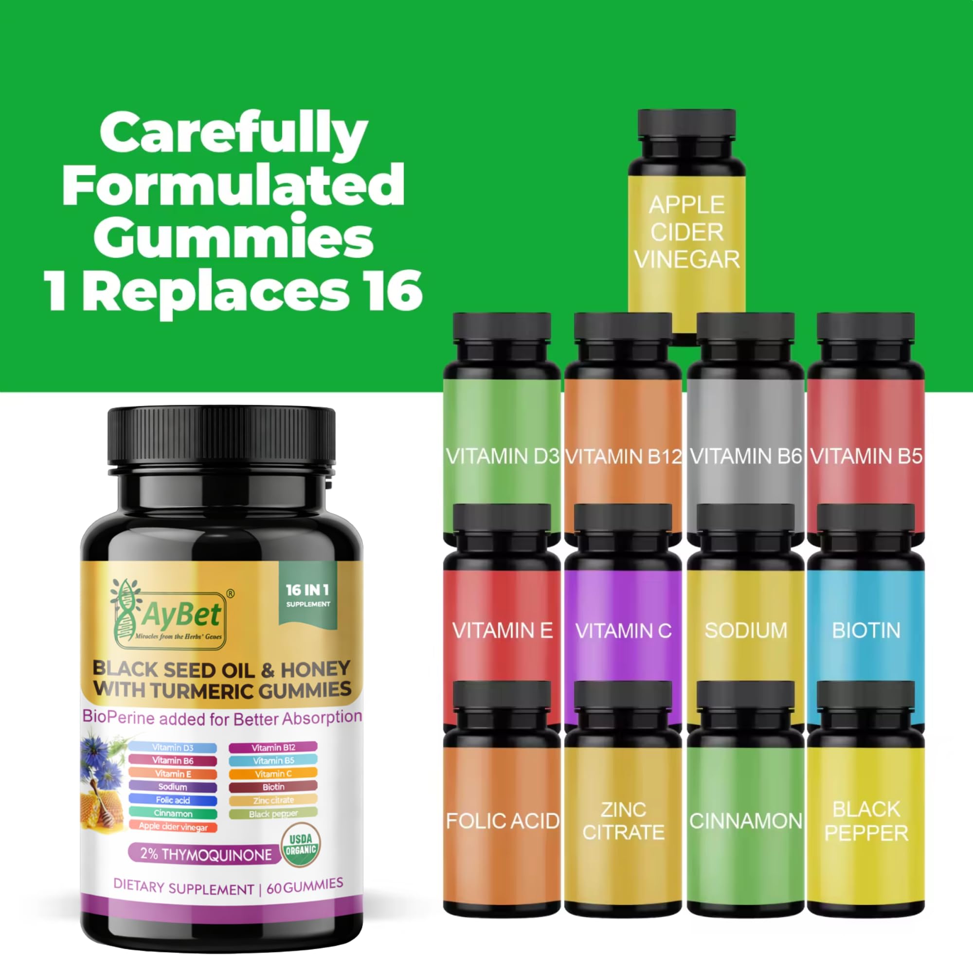 Black Seed Oil & Honey Gummies with Turmeric – 16-in-1 Supplement with Vitamins D3, B12, Biotin & Zinc –USDA Organic, Halal, Vegan, 2% Thymoquinone, 60 Gummies — Amazon image 2