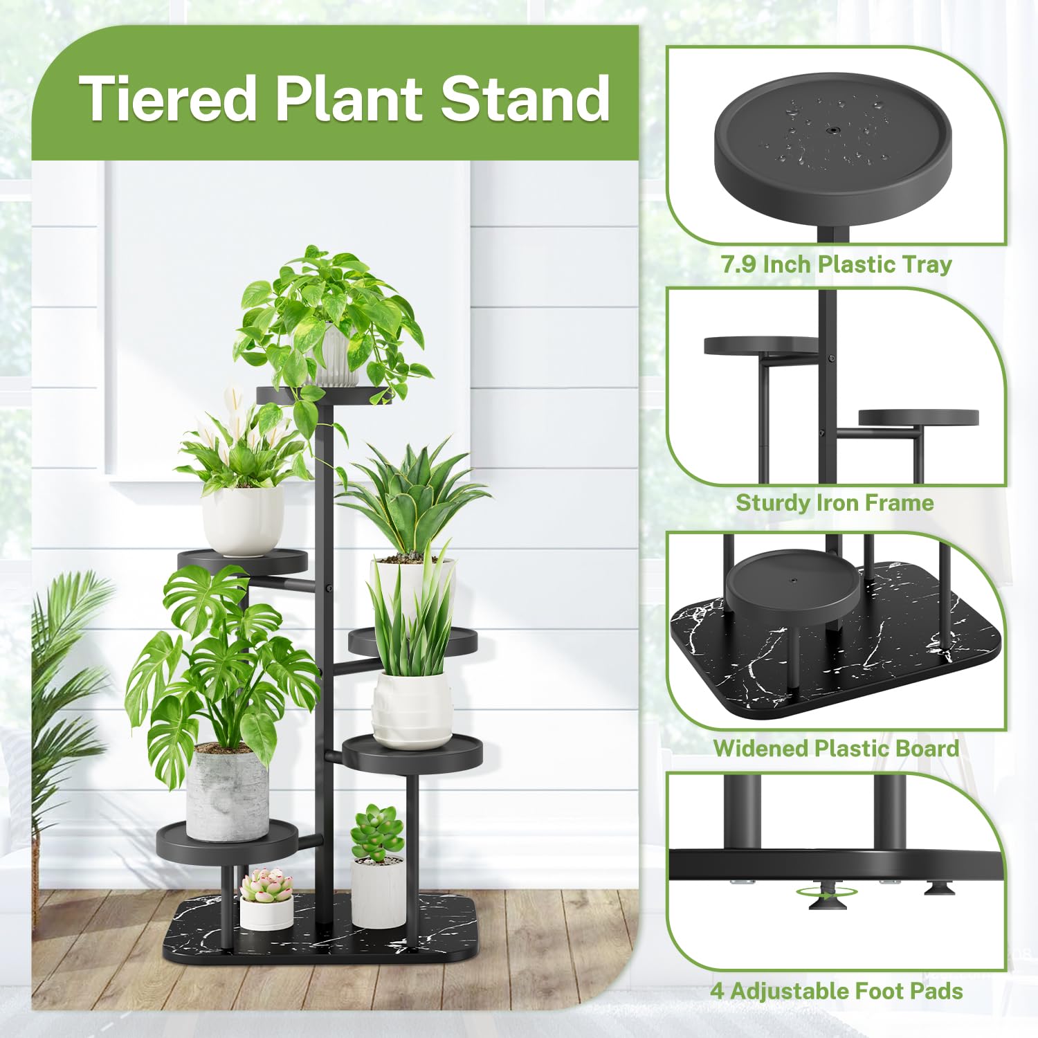 iDavosic.ly Pflanzenständer Metall Kunststoffe mit 5 Ebenen, Blumenständer Blumenregal Pflanzenregal Outdoor, Plant Stand Indoor Mehrstöckig für Draußen, Wohnzimmer, Balkon, Terrasse, Hof (Schwarz)