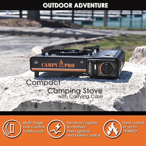 Miniatura 3 de Estufa de gas butano portátil con encendido automático y estuche de transporte, estufa compacta para acampar, senderismo, cocina al aire libre y uso