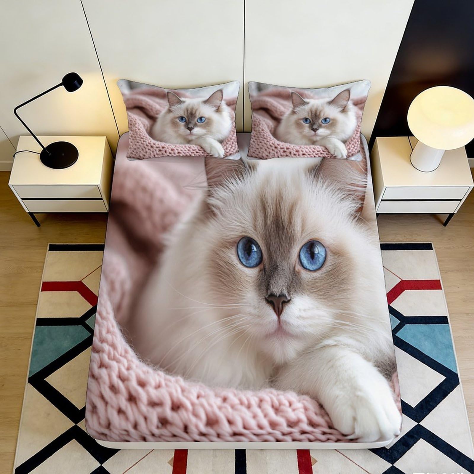 Jqzkxnhpbr Style-9 3D Printed Fluffy Cat Fitted Sheet Microfiber Soft Breathable Blue Eyes Cat Bed Cover For Bedroom Guest Room Decor 90X200x25cm