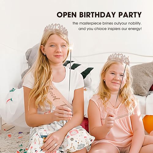 Miniatura 7 de Decoraciones de cumpleaños número 13 para niñas, incluyendo banda de cumpleaños, tiara de corona de diamantes de imitación de oro rosa, decoración