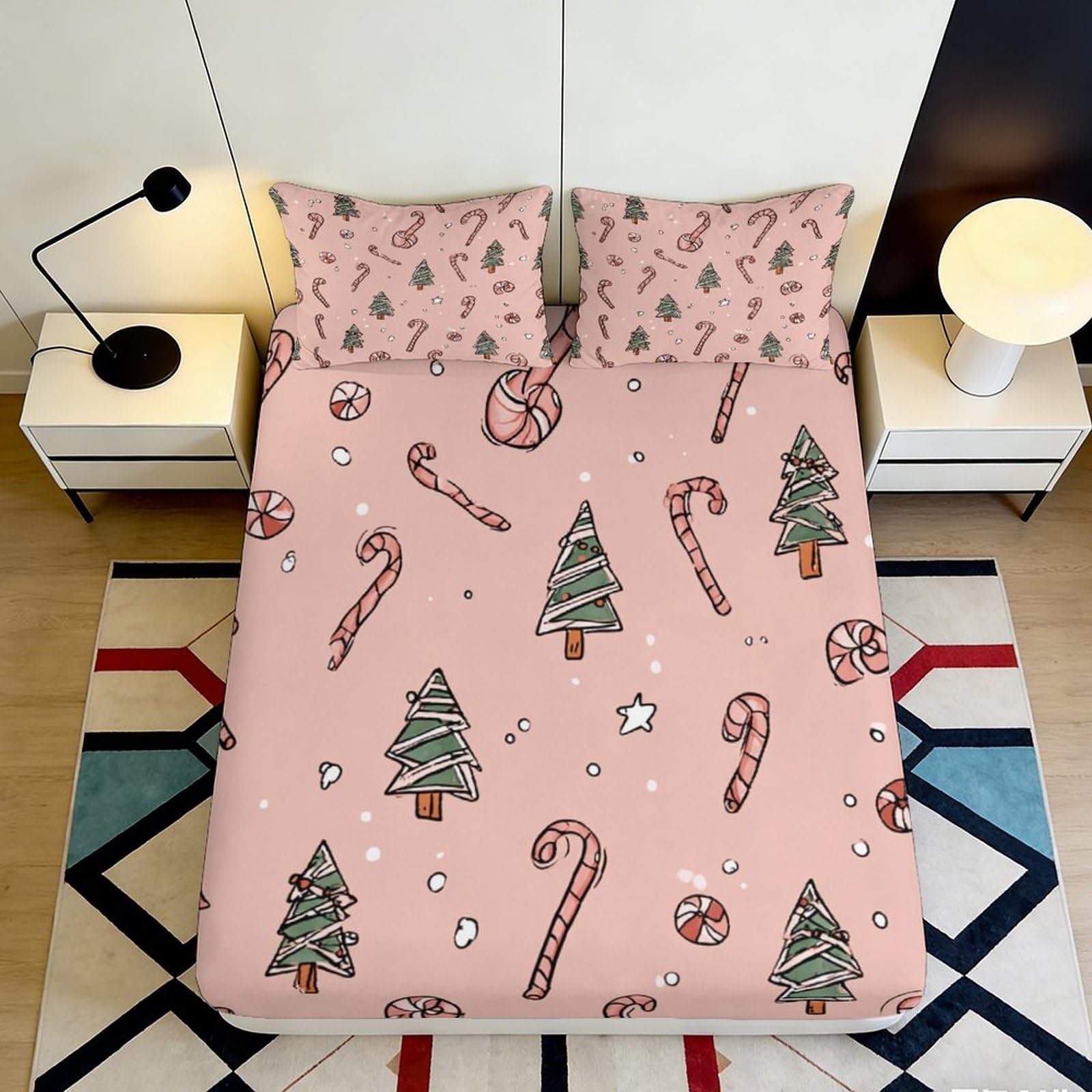 3D Printed Christmas Pattern Fitted Sheet Microfiber Deep Pocket Non-Slip Xmas Tree Mattress Fitted Cover Washable Bedding 200x200x25cm 90x200x25cm