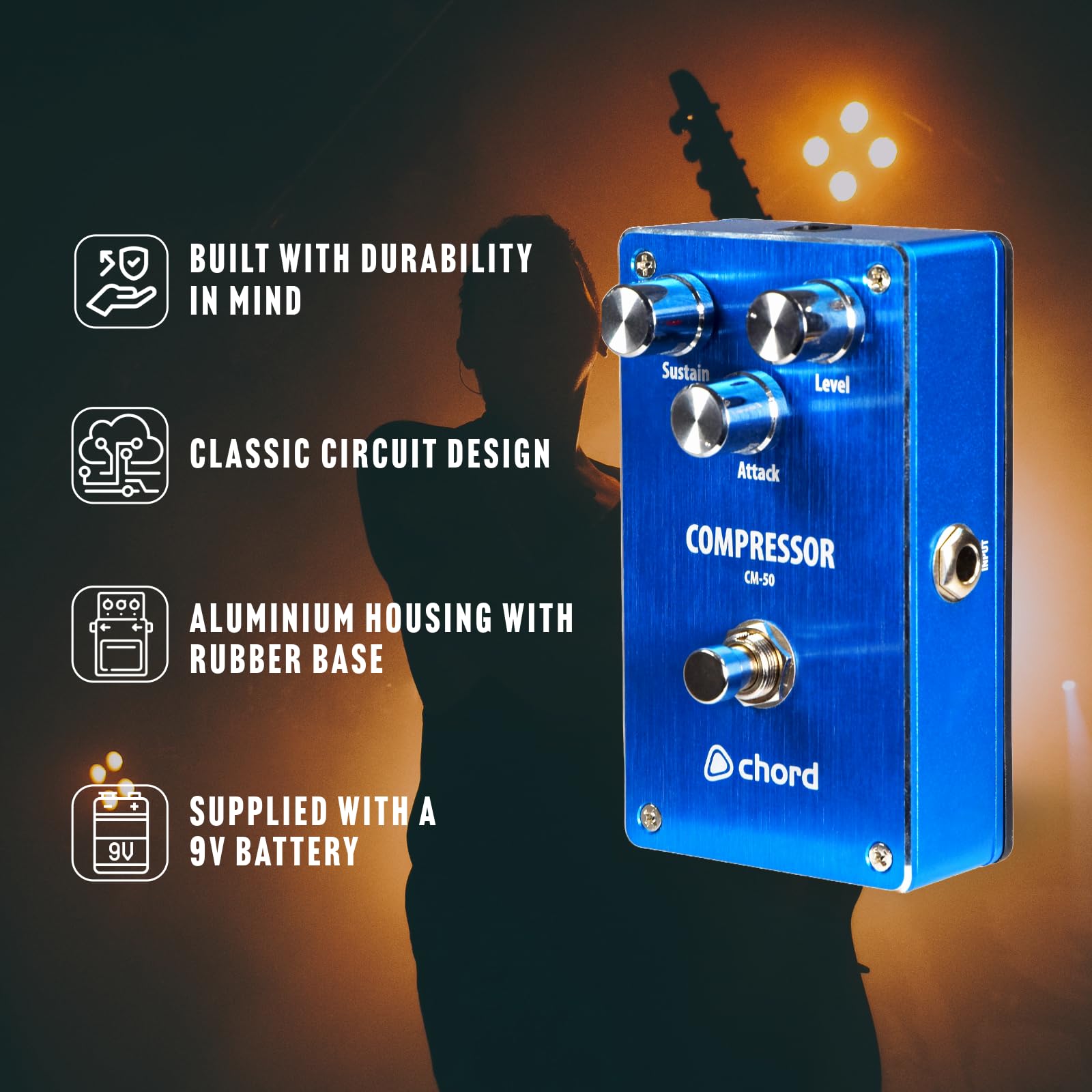 Chord | Pédale d'effets pour guitare | Pédale de compresseur CM-50 : améliorez le son de votre guitare avec des commandes de soutenir, de niveau et d'attaque réglables pour des notes et des accords
