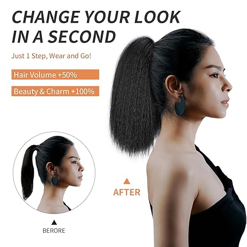 Miniatura 3 de FAVE Extensión de cola de caballo recta tipo afro de 12 pulgadas para mujeres negras, cola de caballo Yaki negro natural, extensiones de cabello