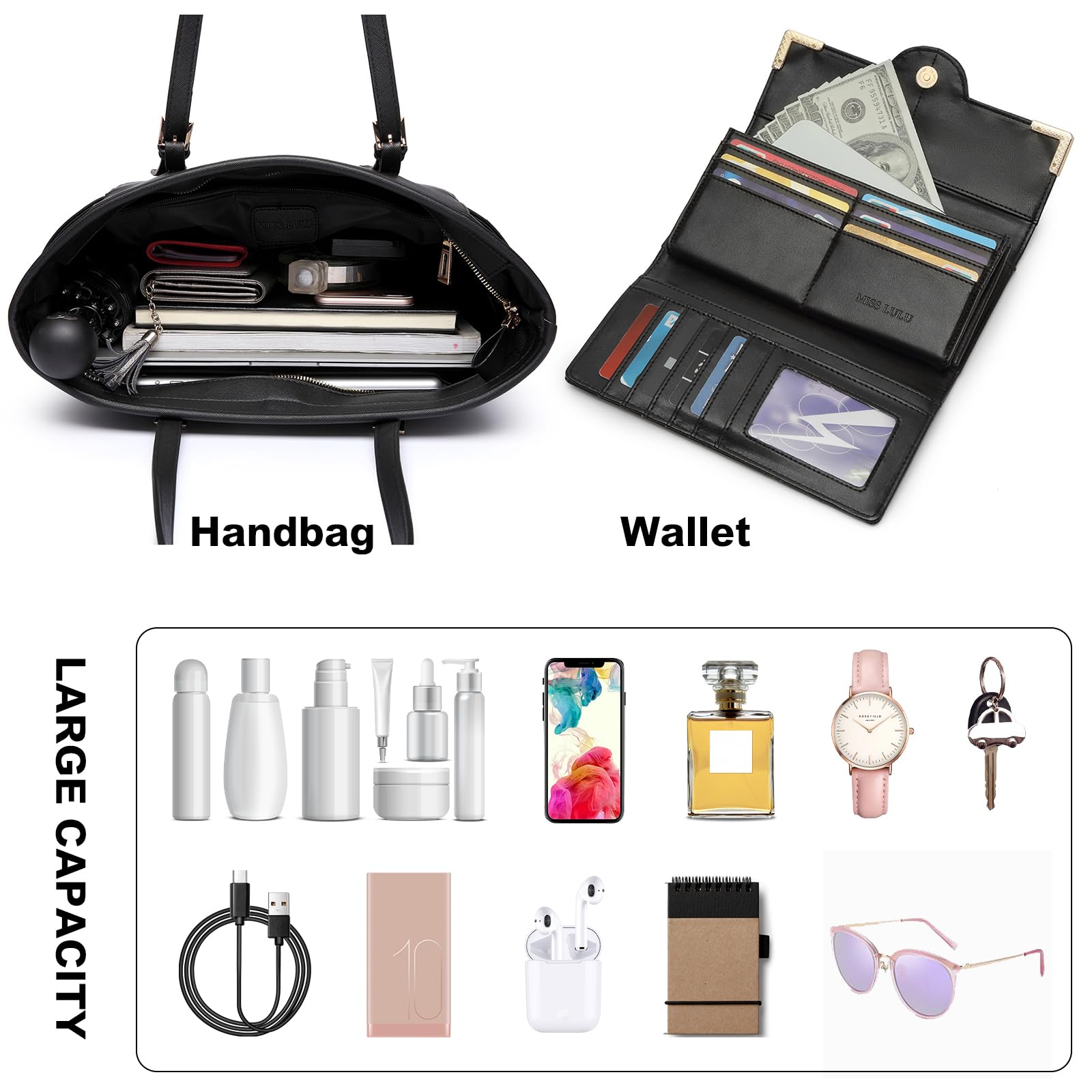 Miss Lulu Damen Shopper Große Elegante Schultertasche mit Reißverschluss