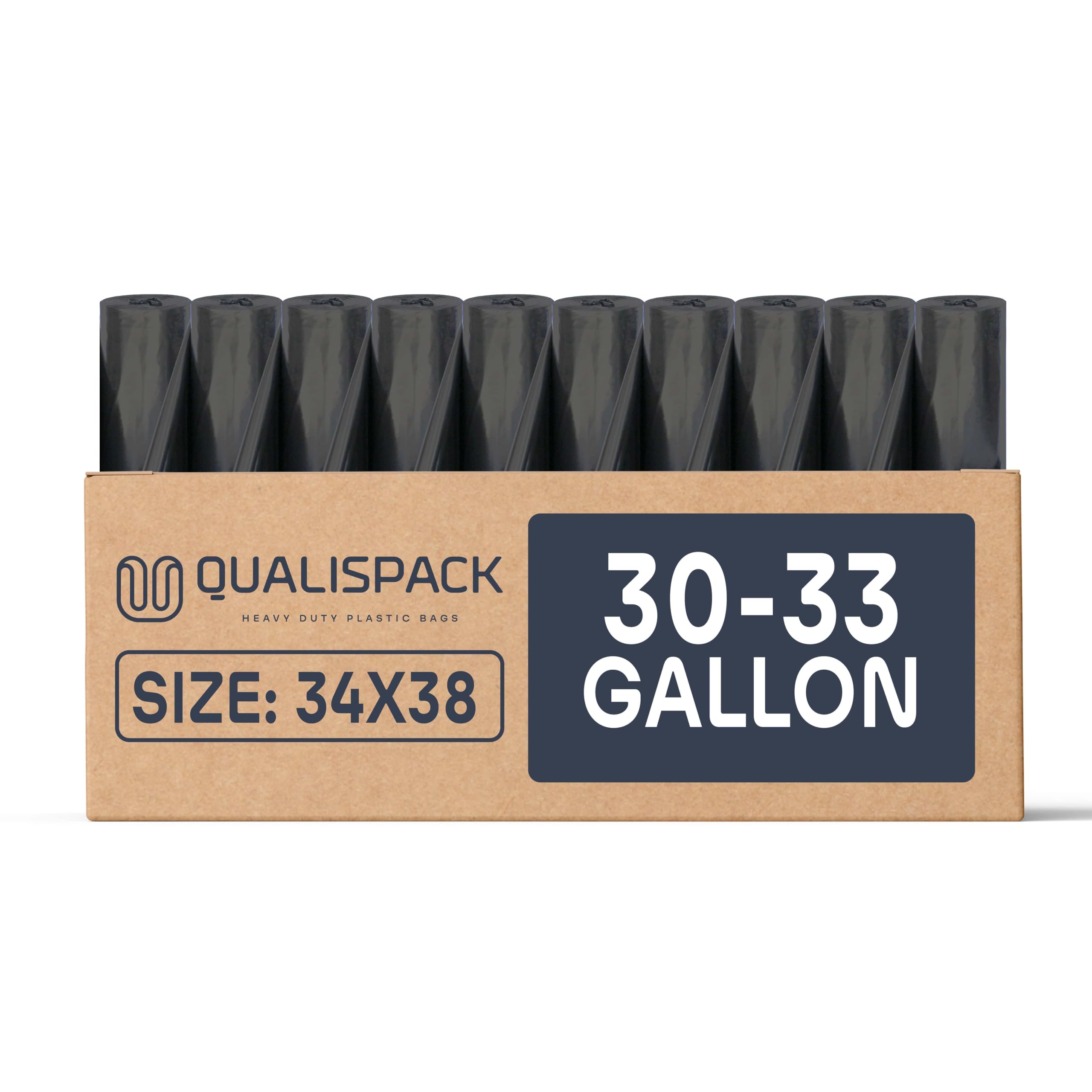 Qualispack 33 Gallon Can Liners | Large Black 34x38 1.5 Mil | Commercial Industrial Waste Outdoor Events | 250 Bags | 30 Gallon Heavy Duty Trash Bags