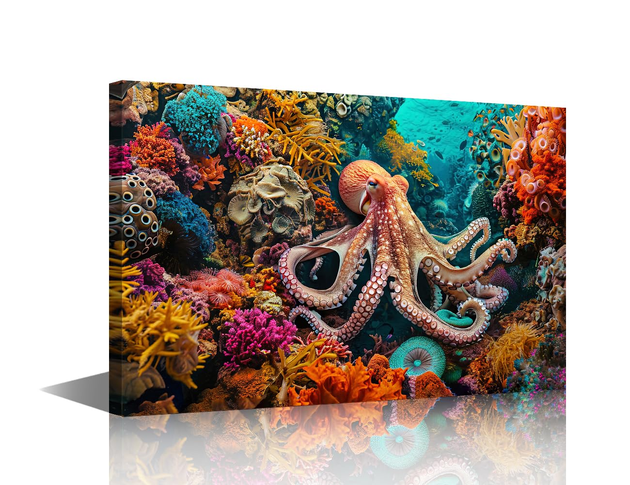 TISHIRON 1 Piece Octopus Wall Art Octopus among Multi Colored Corals Art Wall Decor Canvas Wall Art for Living Room Bedroom Artwork Framed Ready to Hang(12x18 inch)