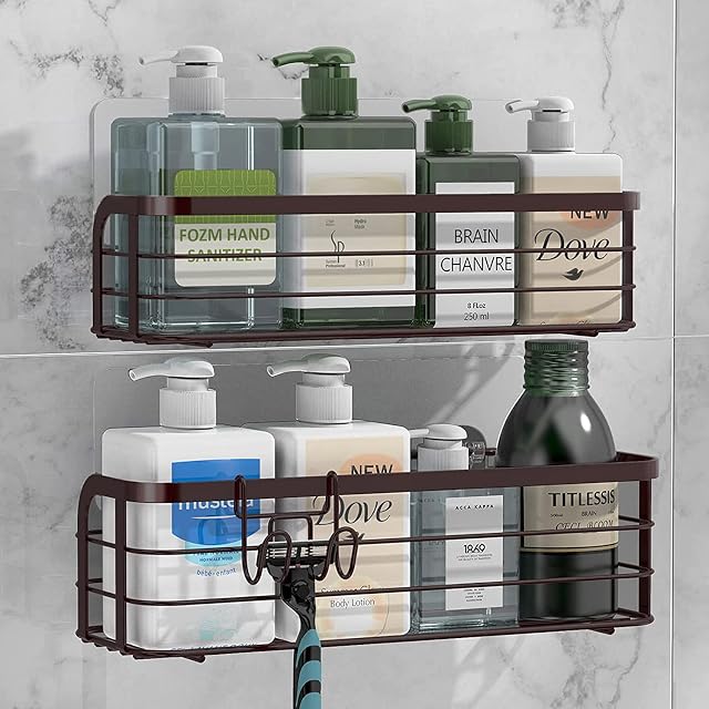 Avoalre 2 Pack Adhesive Shower Caddy with Movable Razor Hook Rustproof Shower Shelf Bathroom Organiser Basket Storage Wall Mounted Stainless Steel SUS304 Shower Storage No Drilling Silver