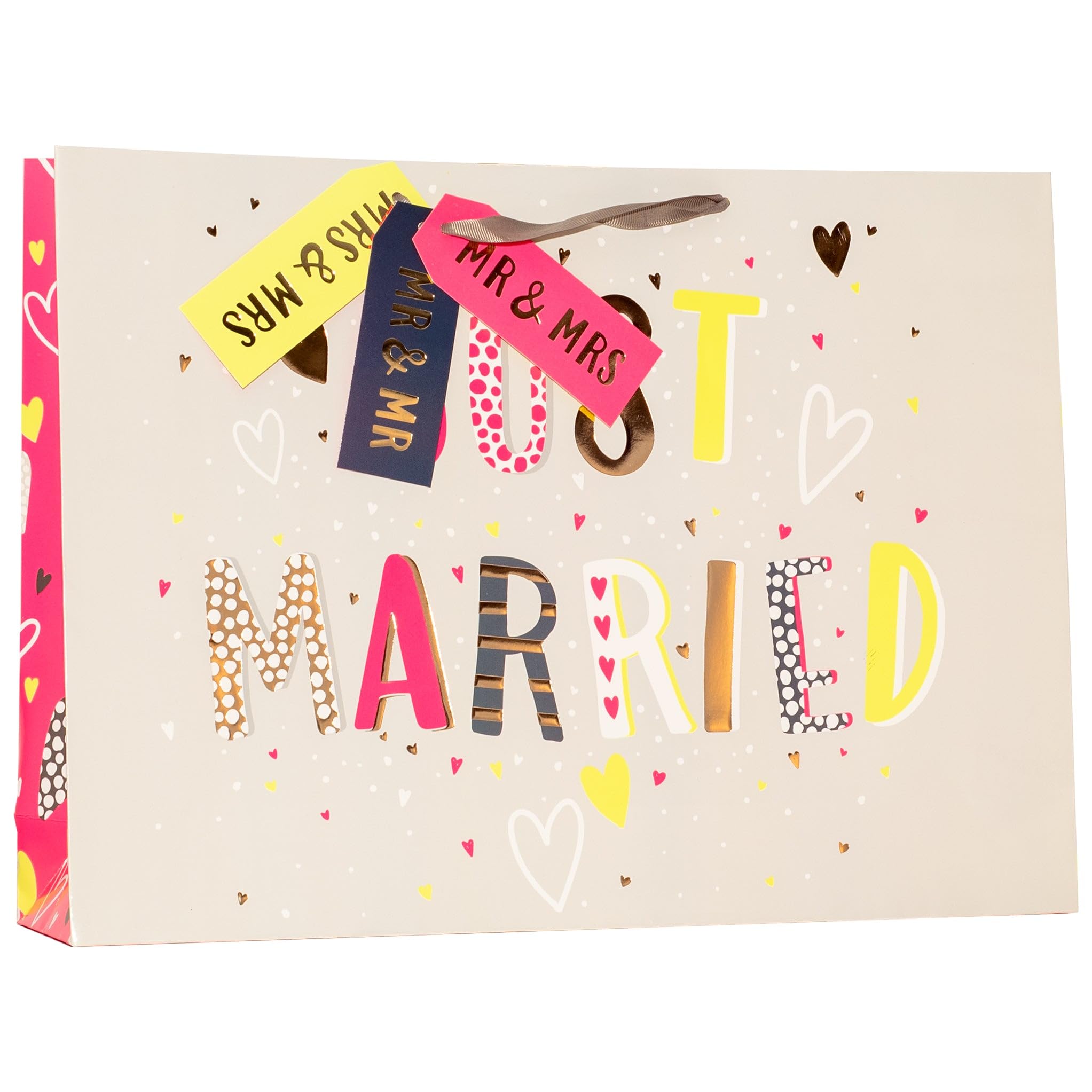 Design By Violet Just Married Large Paper Gift Bag – Wedding Gift for Mr & Mr, Mrs & Mrs, Mr & Mrs, Newlyweds and Marriage Celebrations with Ribbon Handles