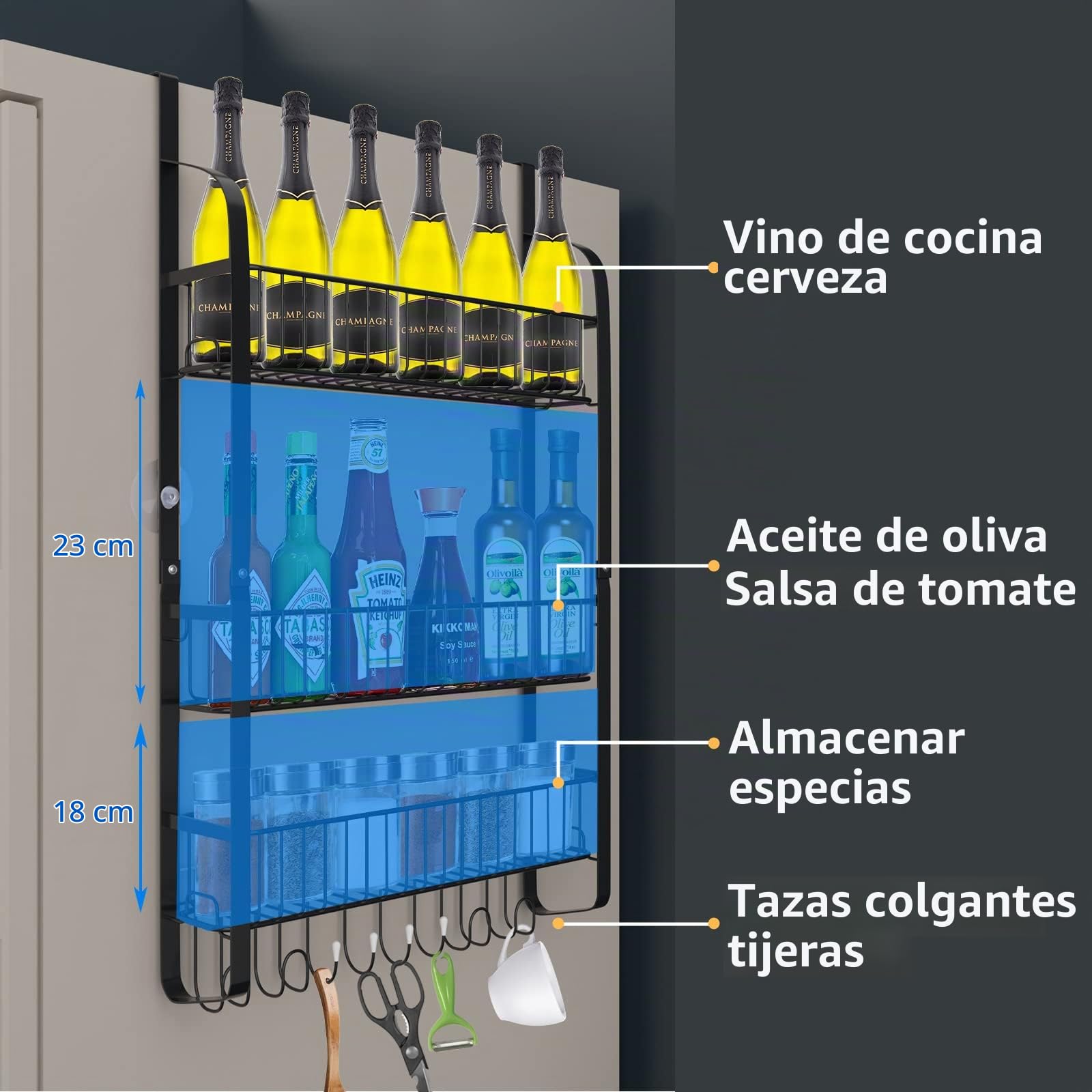 Estante de Frigorífico, 3 Niveles Especiero Colgando Estante de Almacenamiento, Estantería Nevera con 8 Ganchos, Estante Cocina Organizador para Especias sin Taladrar, Negro