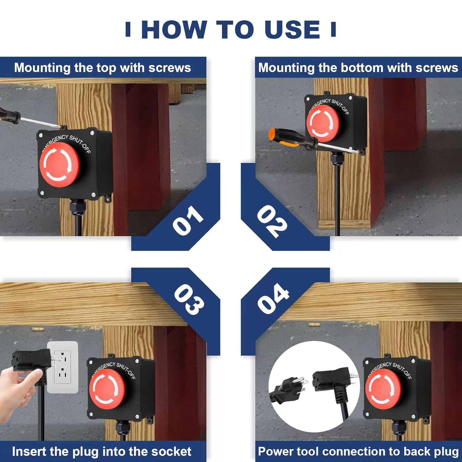 Four panel image showing steps: 1. Mounting top with screws, 2. Mounting bottom with screws, 3. Inserting the plug into the socket, 4. Connecting power tool to back plug.