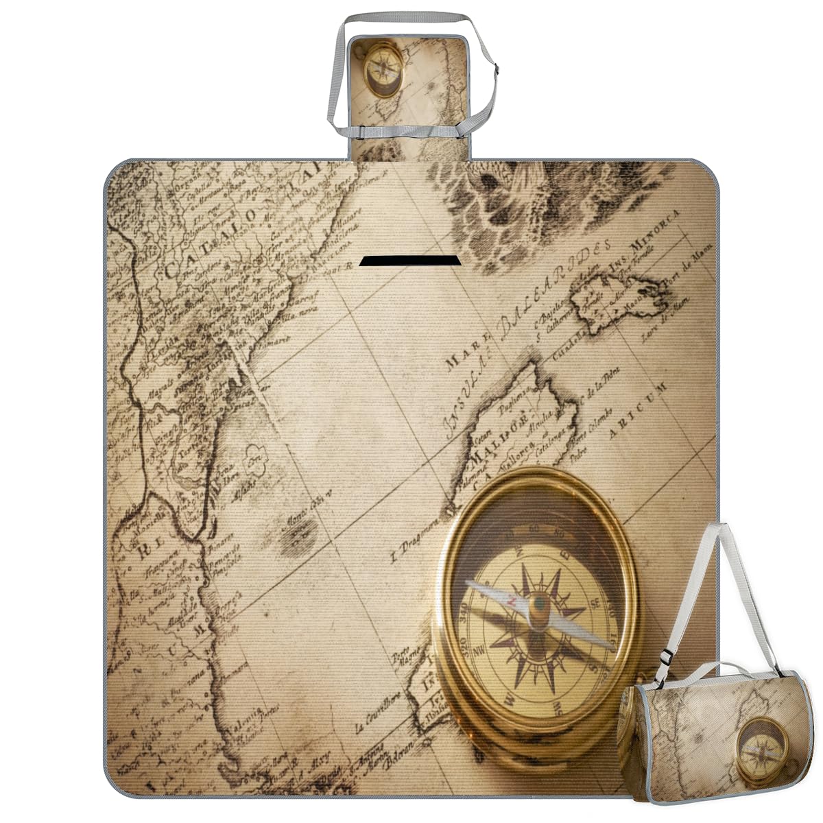 Shimoshe Picnic Blankets 57”x 59”, Old Map Compass Waterproof Sandproof Picnic Mat Lightweight Foldable Beach Blanket for Camping Park Grass Beach Outdoor Blanket