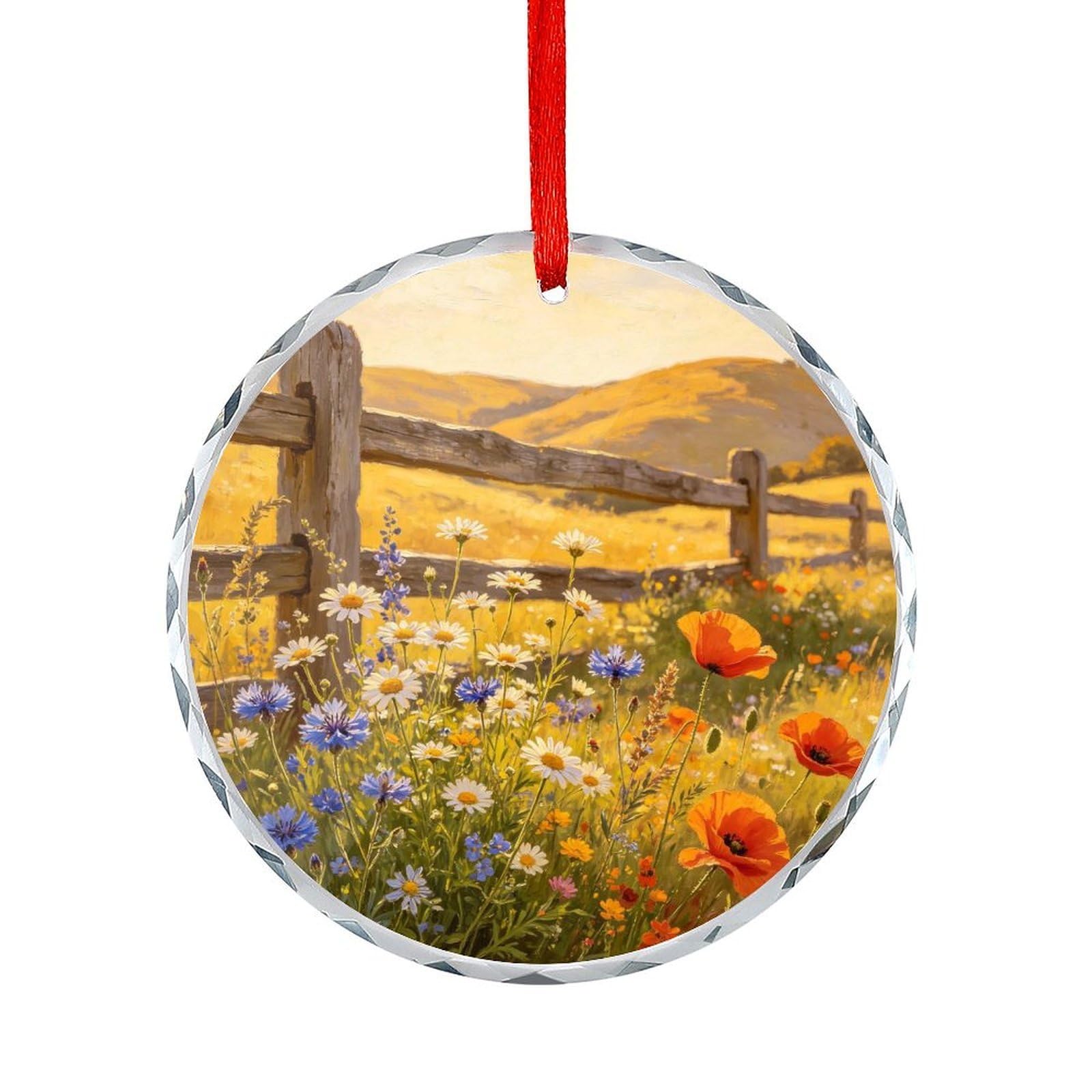 Btcowzrv Style Golden Hills Wildflower Farm Round Ornament Hanging Pendant Decor
