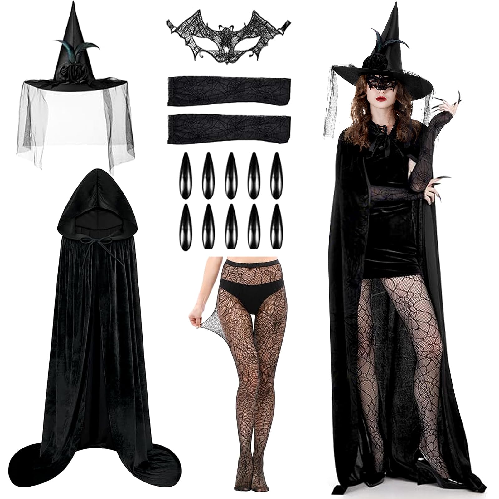 Witch Costume Set, Witches Costumes for Women Witches Costume Accessories Include Witch Hat, Spider Web Gloves, Cape, Nail