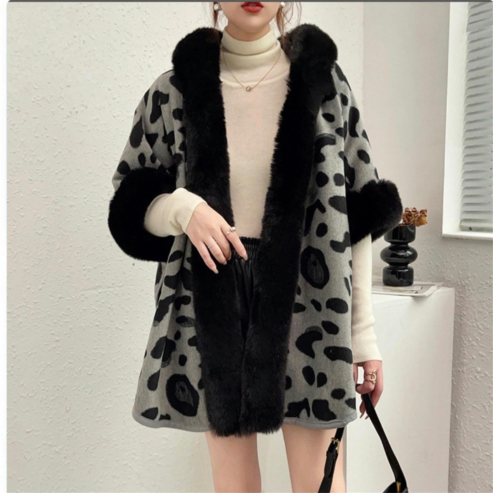 Poncho Donna Collaggio da Pelliccia da Donna Capo A Maglia Cardigan Cape con Cappuccio per Leopardo da Donna-Stampa Leopardo Grigio