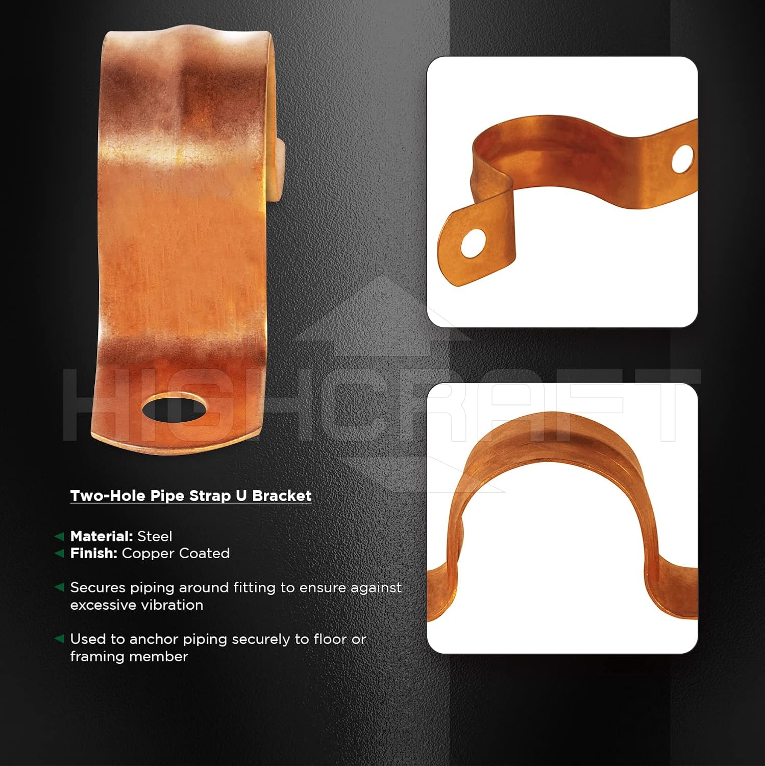 Highcraft QQT-DD38-100 Two-Hole Pipe Strap U Bracket, 3/8 Inch, Copper Coated Steel -100 Pack