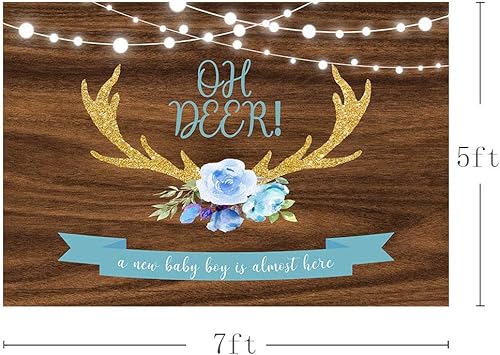 Miniatura 3 de MEHOFOND 7 x 5 pies Oh Deer Baby Shower fondo utilería azul floral madera rústica It's A Boy Baby Shower Gold Buck caza luces con purpurina bosque,