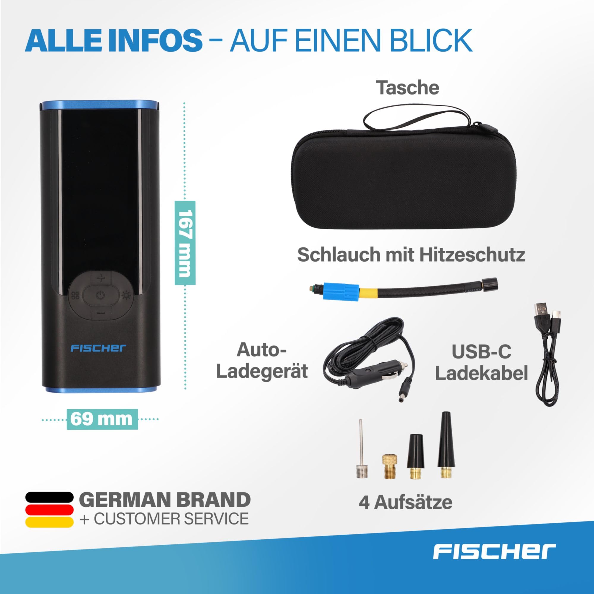 Fischer Akku-Kompressor AP Power Duo inkl. Powerbank, schnelles Aufpumpen, Einstellbarer Zieldruck mit Autostop, Taschenlampe mit SOS, Druck und Batterieanzeige, 3 bis 150 PSI, 12 V Autoanschluss