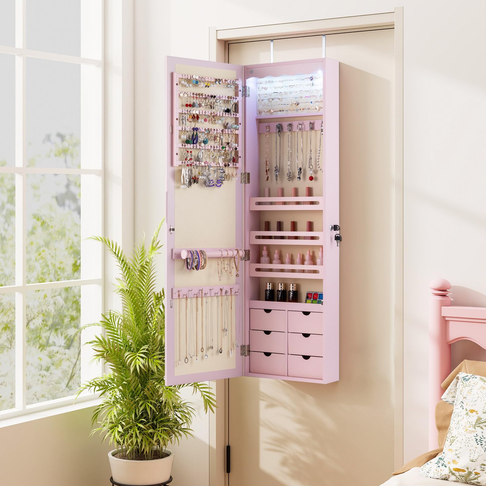 COSTWAY Schmuckschrank mit LED Beleuchtung, 6 Schubladen und Spiegel, Sipegelschrank hängend, Hängeschrank für Tür und Wandmontage, abschließbar (Rosa)