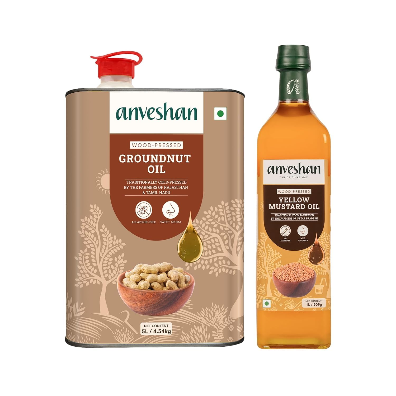 Anveshan Combo of Wood Cold Pressed Groundnut Oil 5L and Yellow Mustard Oil 1L | Kolhu/Kacchi Ghani/Chekku | Natural | Chemical-Free | Cold Pressed Oil for Cooking