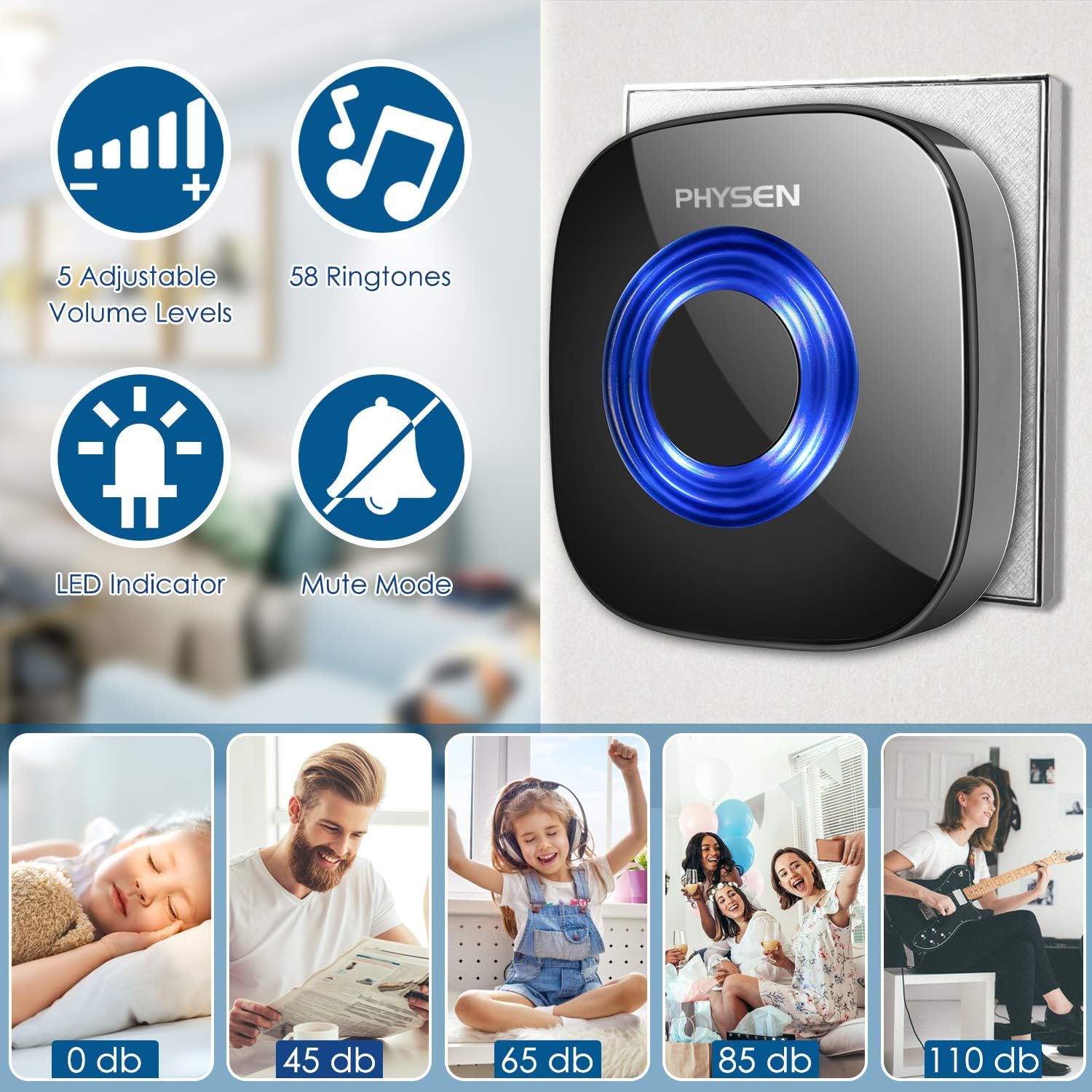 Wireless Doorbell, PHYSEN Waterproof Door Chimes with Mute Mode, Adjustable 58 Melodies, 5 Volume Levels, 1000-ft Range, Outdoors Door Bell kit for Home with LED Strobe (2 Buttons + 2 Receivers) - - 