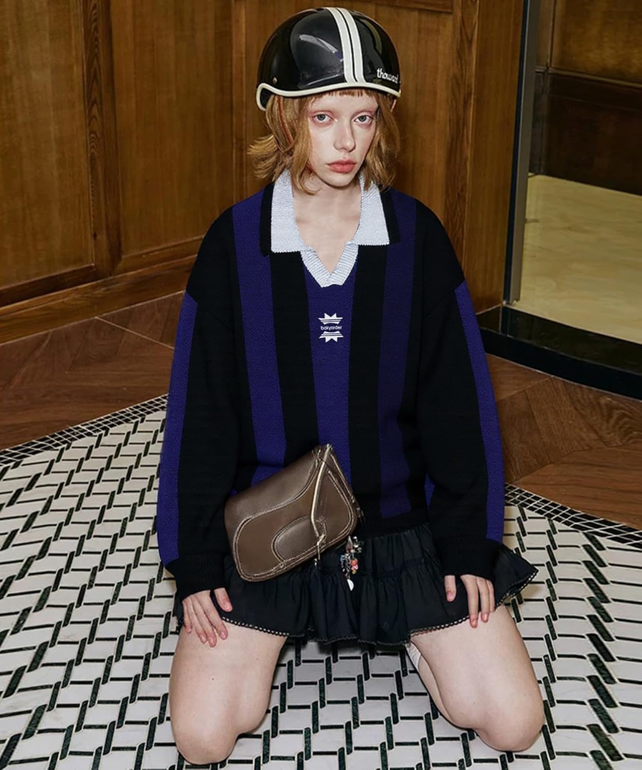 Bakyarder Vintage Polo Sweater Striped Oversized Colorblock Pullover Retro Long Sleeve Knit Top - Image 5