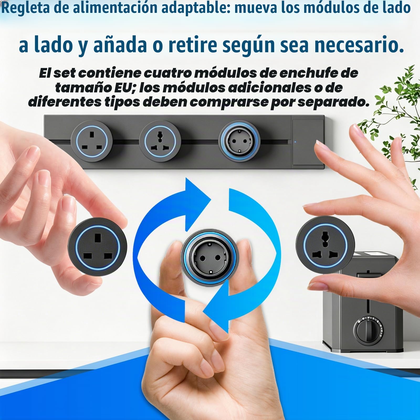 Regleta Eléctrica Vista 50 cm, con 4 Enchufes EU – Módulos Desplazables, Alimentación Giratoria Encendido/Apagado, Instalación Sencilla Sin Empotrar, Ideal para Cocina, Salón Y Dormitorio