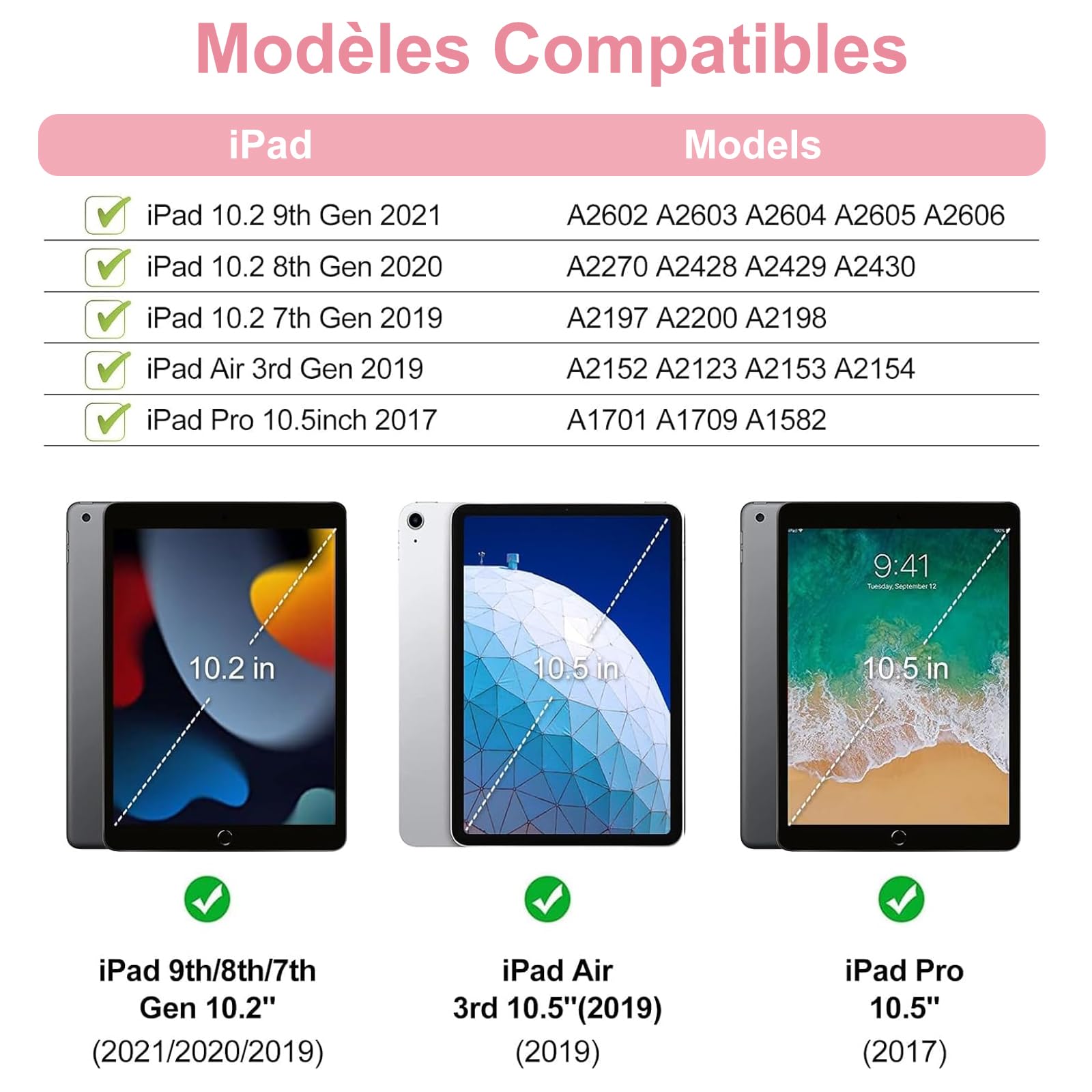 Funda teclado para iPad 9e/8e/7e Generation 10,2 pulgadas, AZERTY francés funda teclado Bluetooth desmontable con soporte para iPad 2021/2020/2019 10.2"/Air 3 2019/iPad Pro 10.5 2017, rosa
