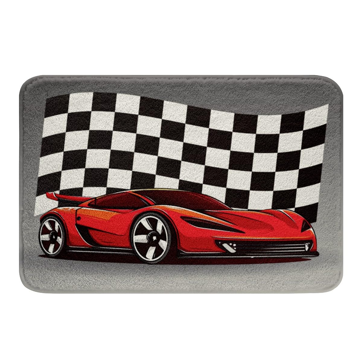 Erosebridal Race Car Bath Mat, Speed Sports Car Door Mat for Kids Boys Teens Room Decor, Extreme Sport Checkered Rug, Plush Bathroom Decor Mat with