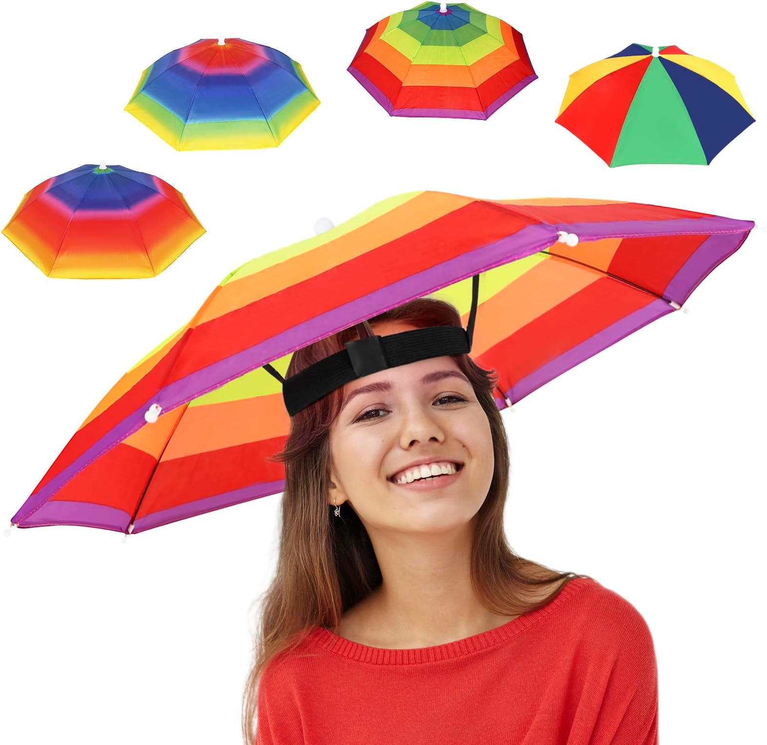 Arcimatto 4 Pack Umbrella Hat with Elastic Band, Fun Colorful party Hats, Hands-free Design for Beach Party, Camping, Outdoor Sun Rain Protection