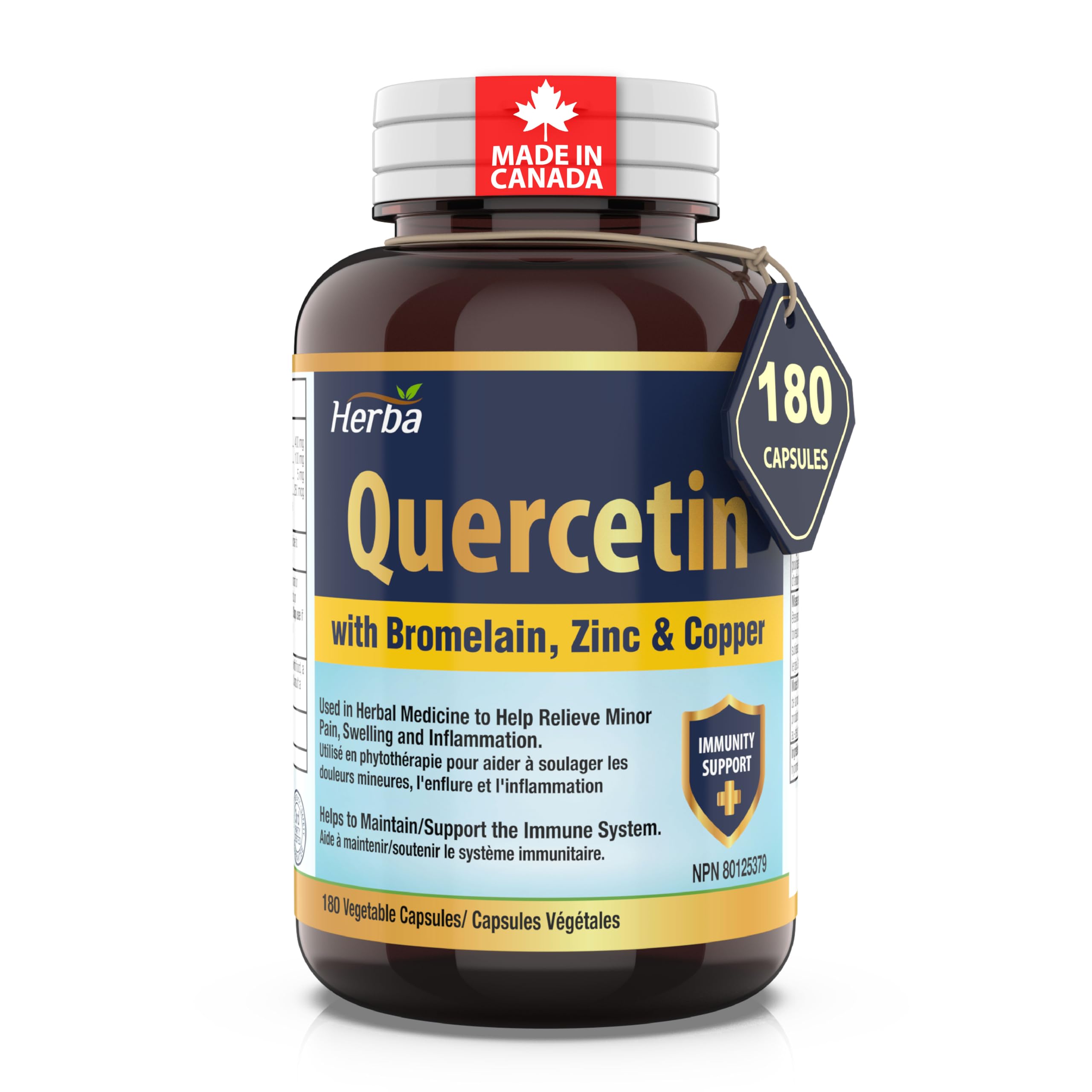 Herba Quercetin with Bromelain, Zinc, and Copper – 180 Capsules | Quercetin Supplement for Immune Support | Help Relieve Swelling and Inflammation | Made in Canada