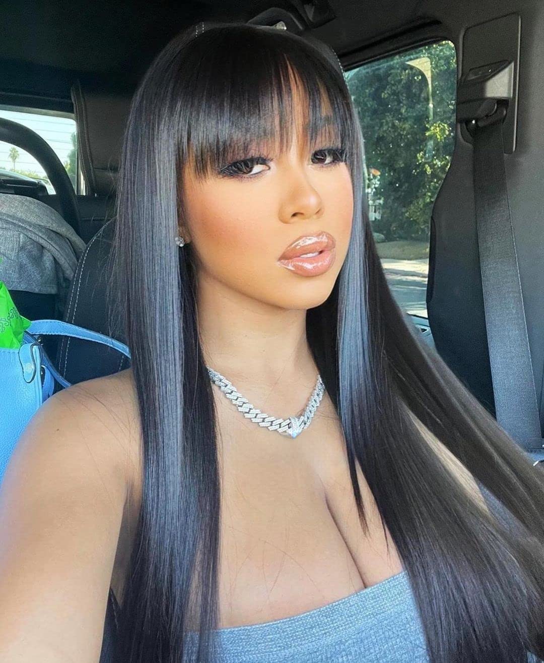 200% Density Straight Black Wig With Bangs Short Bob Wigs For Women Glueless Fringe Wig Long Hair Full Machine Made Wigs 100% Human Hair Wig Cheap Brazilian Remy Hair 8 Inches