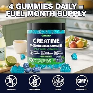 TOPCAPAK Creatine Monohydrate Gummies for Men & Women - Blueberry Flavor, Raspberry-Shaped - Chewable Creatine Gummy with Taurine & Vitamin B12, 5g Creatine per Serving, 120 Gummies