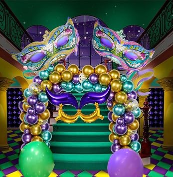 Mardi Gras Balloon Garland Kit,111 PCS metal Purple Green Gold Balloons with Rain Curtains Background large Mardi Mask Balloons Mask Sign Foil Balloons for Mardi Gras Masquerade New Orleans Party