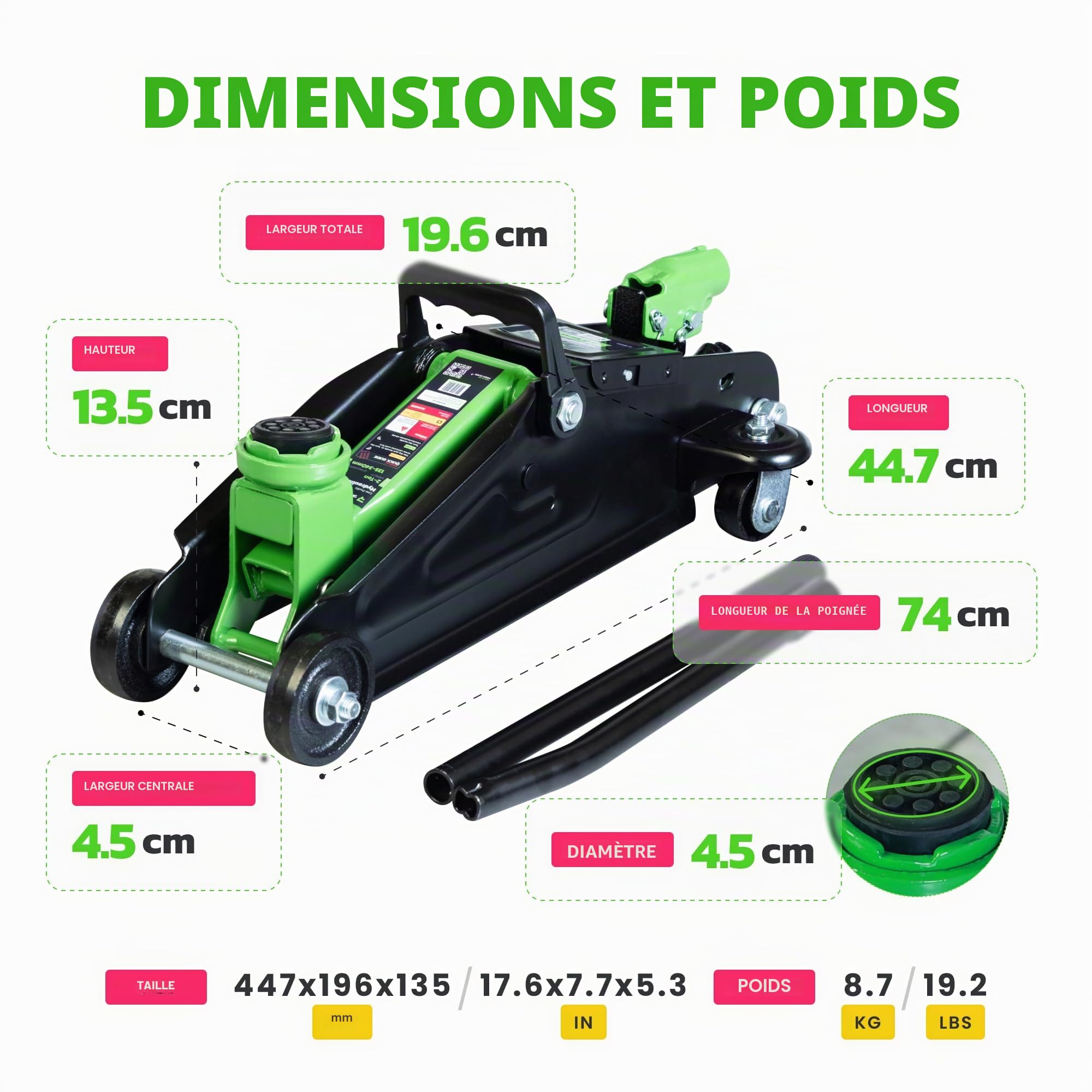 Cric roulant hydraulique de 2 tonnes avec étui de transport – Plage de levage de 13,5 à 34 cm – Cric de voiture compact et robuste pour voitures et SUV – Outil fiable de 2000 kg pour