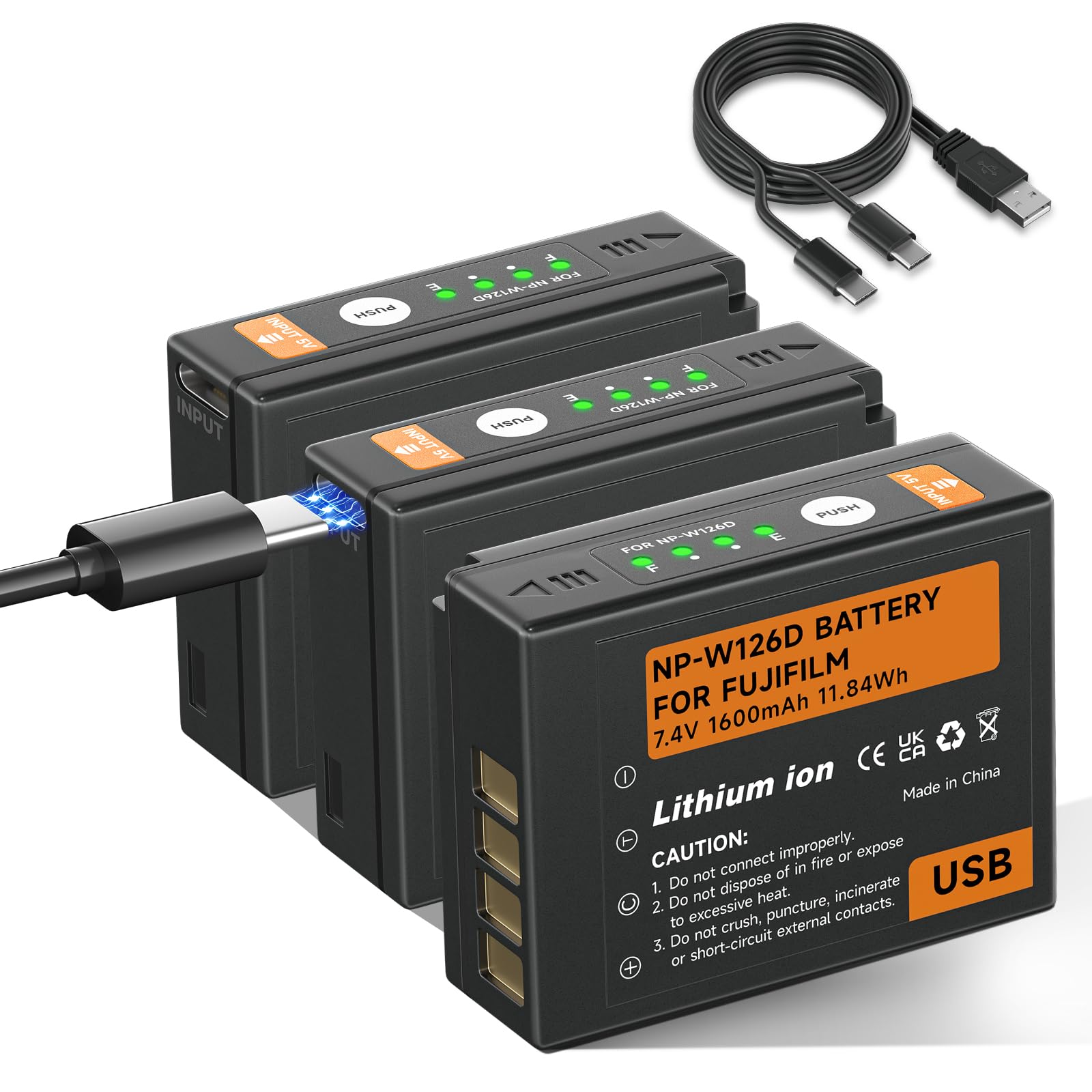 Confezione da 3 batterie NP-W126S 1600 mAh USB Type-C, compatibili con Fuji X-T100,X-T200,X100F,X100V,X-S10,X-A5,X-A10,X-E3,X-E4,X-Pro2,X-Pro3,X-T1,X-T2,X-T3,X-T10,X-T20,X-T30,X-T30 II