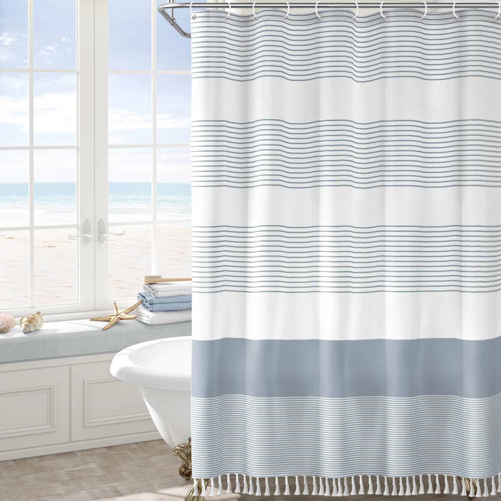 Awellife Blue Shower Curtain Beach Ocean Coastal Nautical Shower Curtain for Bathroom Stripe Tassel 72 X 72 Inches Cotton