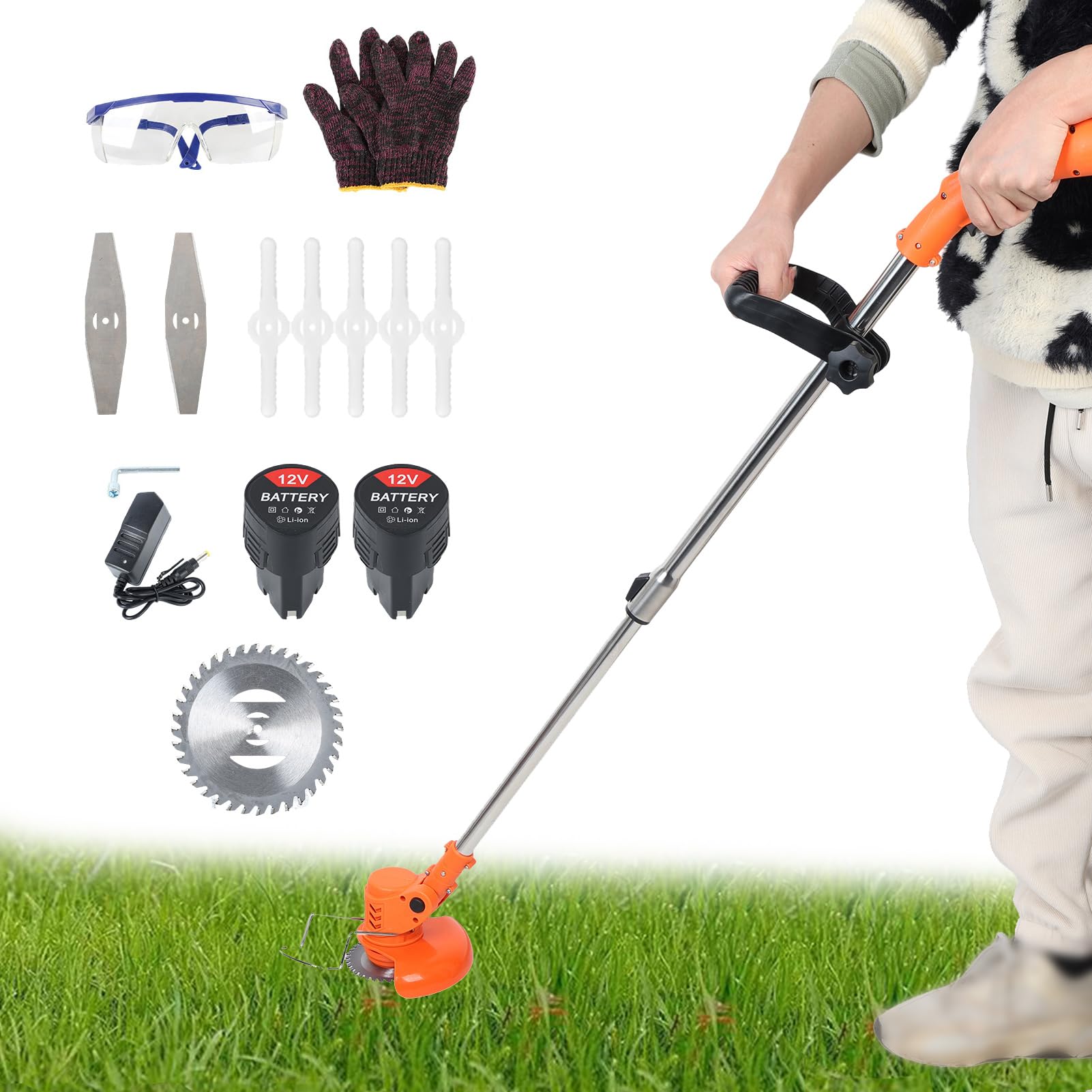 Cortacésped eléctrico con 2 baterías, kit de desbrozadora de varilla telescópica con guantes y gafas de 6 cuchillas