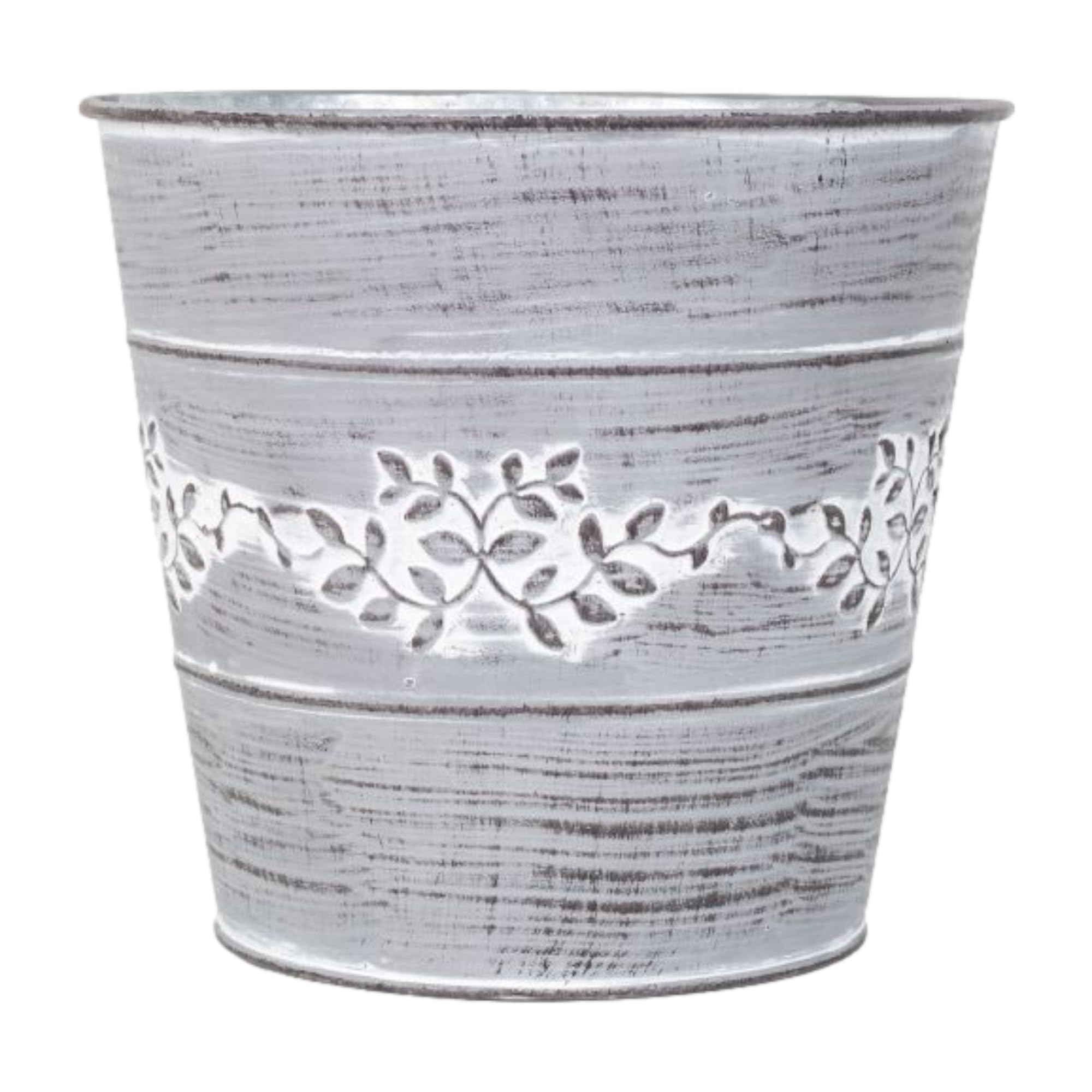 Grey Metal Leafy Vine Planter Tin Pail 18cm, 7inch Indoor Outdoor Garden Flower Plant Pot Weatherproof Decorative Gift (1)