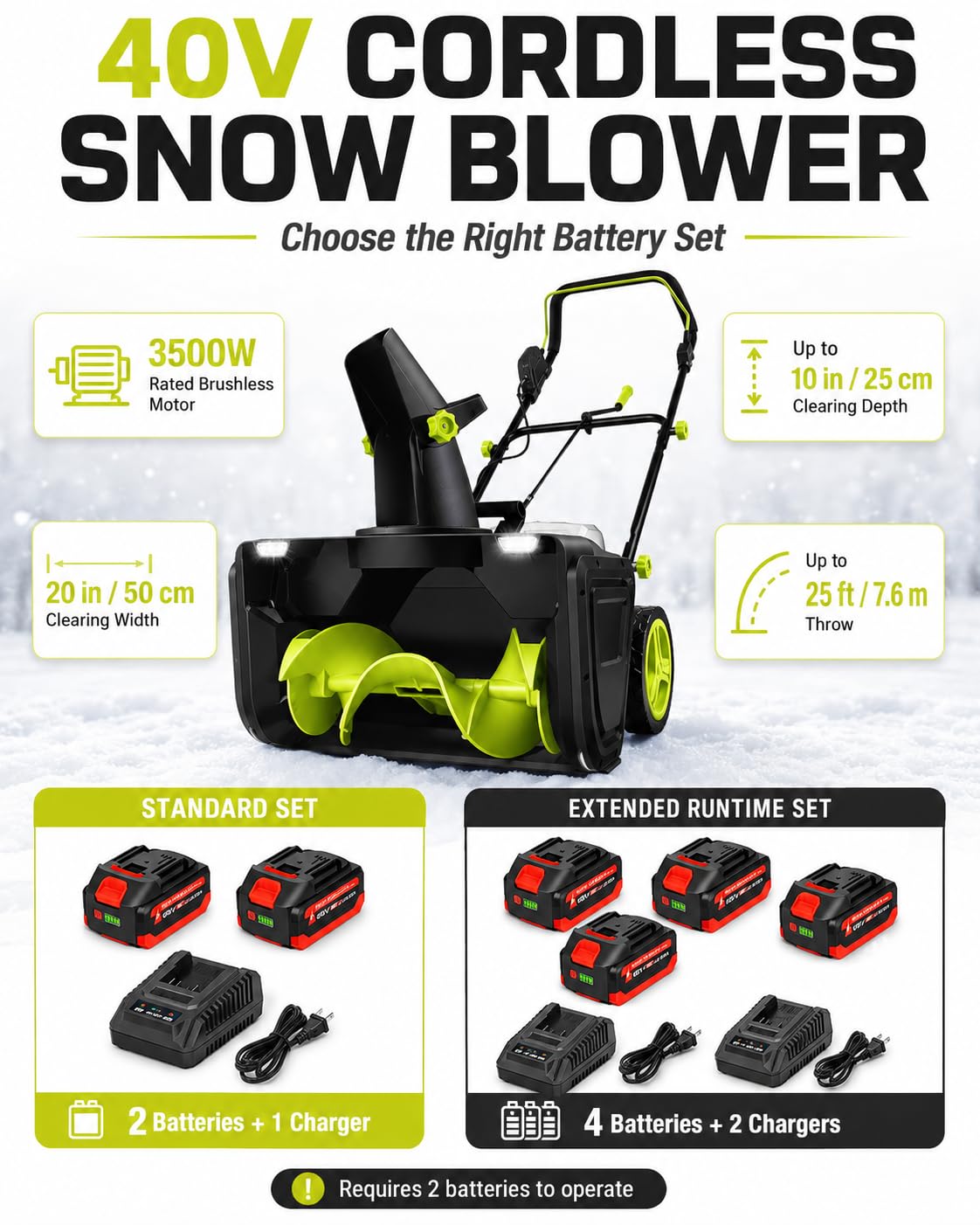 Fraise à Neige à Batterie 40 V, Moteur Sans Balais 3500 W 4batteries