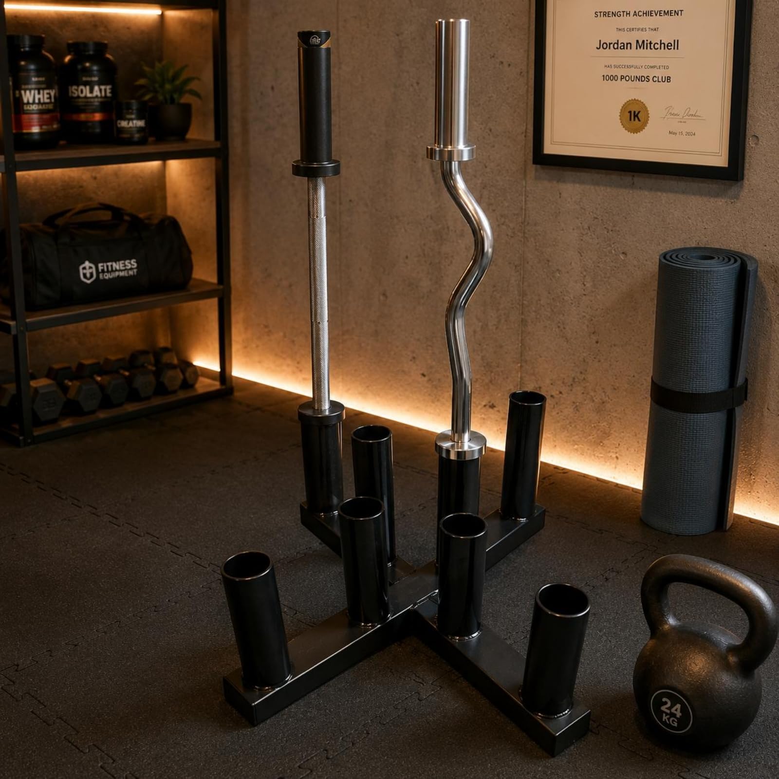 Harilla Soporte para Barras Olímpicas Rack Barra Pesas Organizador Soporte Vertical Base en Cruz Acero 8 Posiciones Mantiene Suelo Libre Compatible con Barras