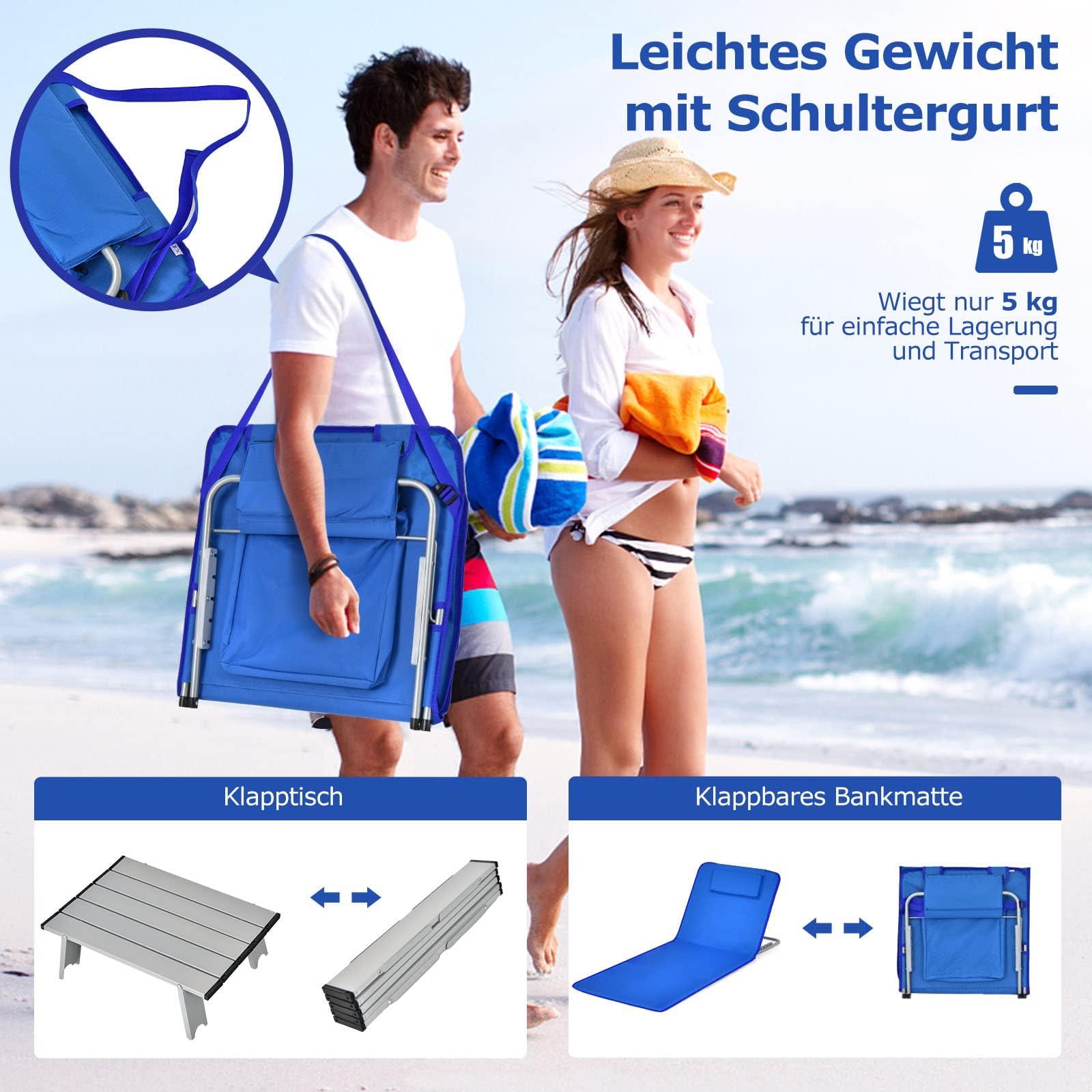 FANTASK 2er Set Strandmatte mit Beistelltisch, Kopfkissen & Staufach, Liegematte mit Verstellbarer Rückenlehne, Strandliege für den Strand (Blau)