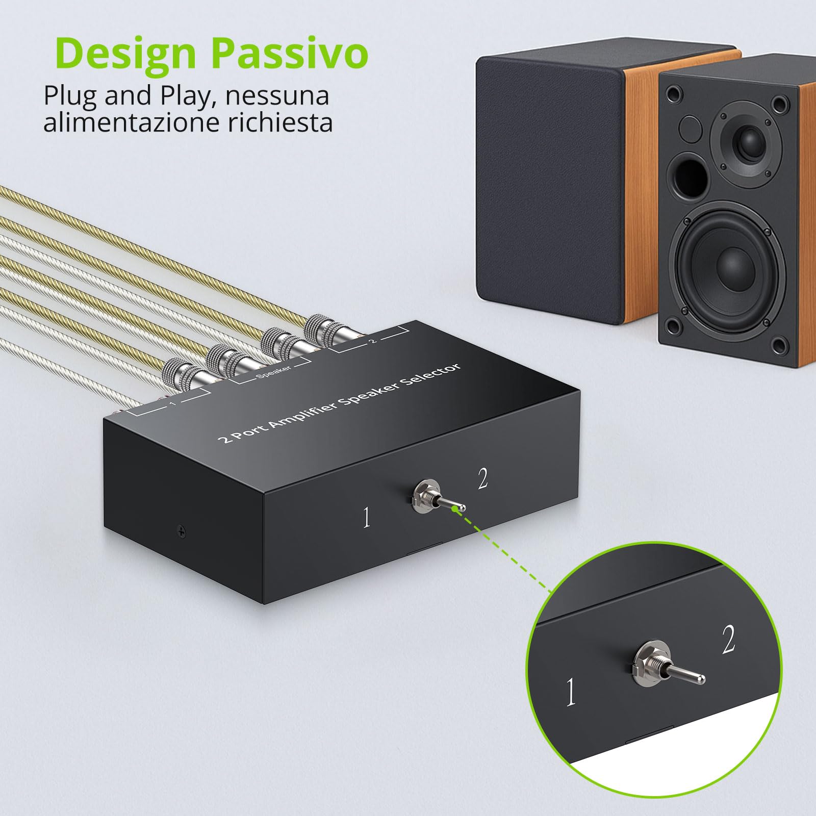LiNKFOR Commuttatore Audio Bidirezionale a Banana Placcate Oro per Amplificatore e Casse Selettore Altoparlanti 100W RMS con Switch A/B 2(1)-IN-1(2)-OUT Senza Alimentazione per Hi-Fi, Home Cinema