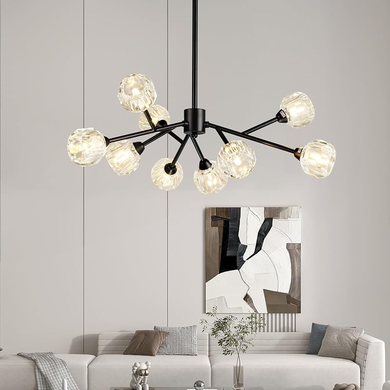 Weesalife Sputnik Candelabros para comedor, 9 luces D30 pulgadas | Candelabros Sputnik negros, accesorios de iluminación de cristal modernos de altura ajustable para dormitorio, cocina, isla, sala de estar, Base G9