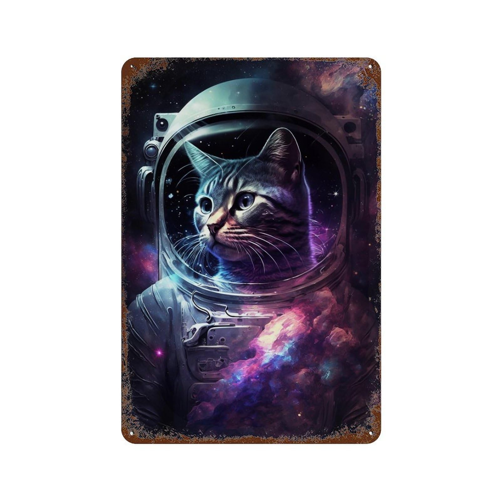 Decorative Tin Sign with Cosmic Cat Astronaut Art Print-7 Design 11.8"x7.9", for Farmhouse, Kitchen And Entryway Decor, Old School Wall Decor