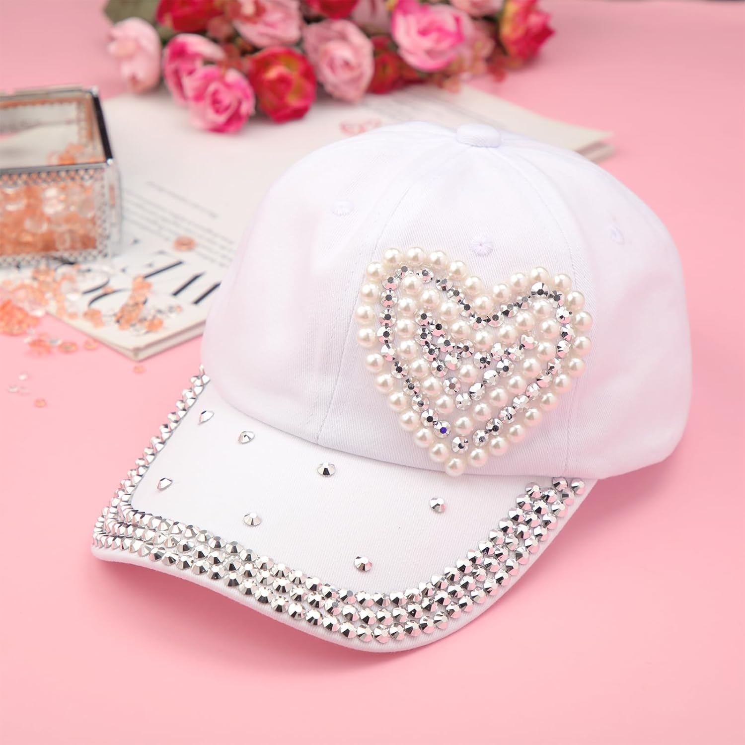 Toulite 3 Pcs Valentine's Day Baseball Cap for Women Bling Heart Baseball Cap Studded Rhinestone Pearl Hat Shiny Sequin Hat for Women, Red Cream Pink