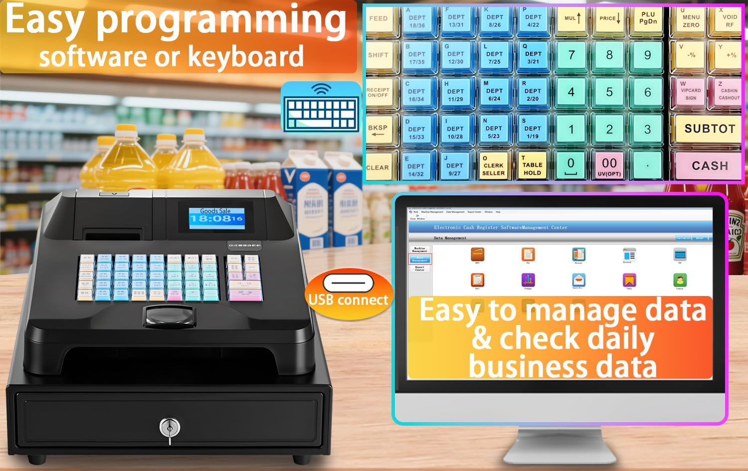 Color Black Sweet dragon Cash Register Pos Systems for Small Businesses - Easy Programming Commercial Caja Registradora Para Negocio with Cash Drawer Money Tray Lock Box,Coin Drawer,Dual Display, Restaurant Supermarket Retail